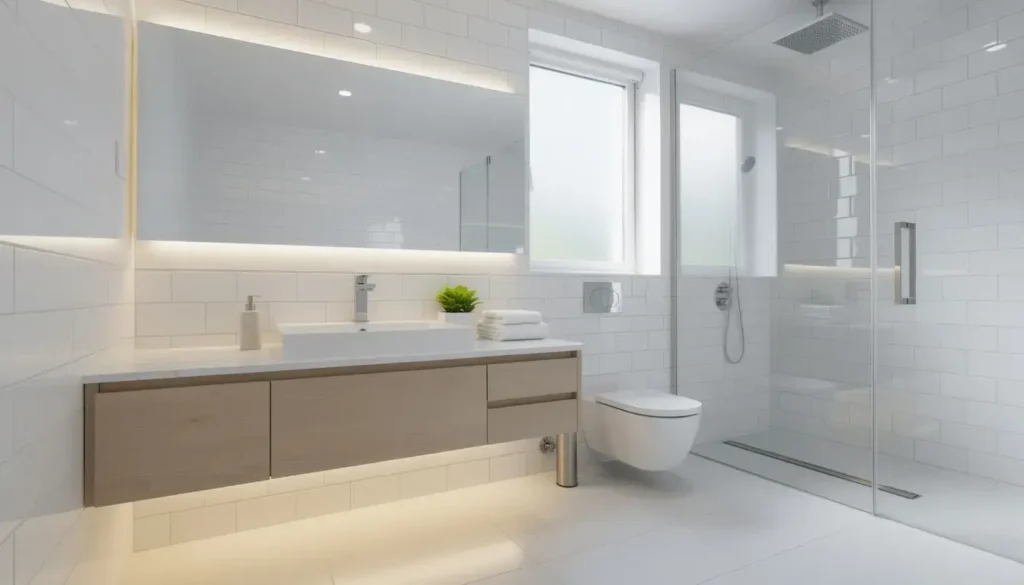 The image showcases a modern renovated bathroom featuring sleek white ceramic tiles and contemporary fixtures, including a rainfall showerhead and a double vanity. This functional space highlights premium materials and a fresh design, ideal for a family bathroom or a small bathroom renovation project.